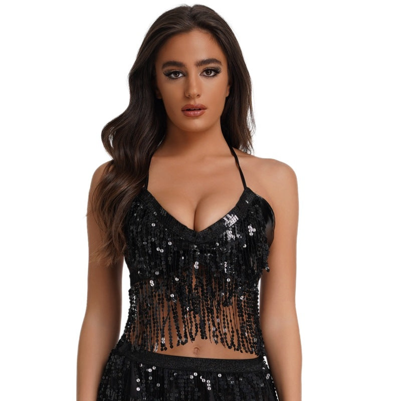 QINSEN Women's Glitter Sequin Tassel Skirt and Halter Crop Top Latin Belly Dance Costume