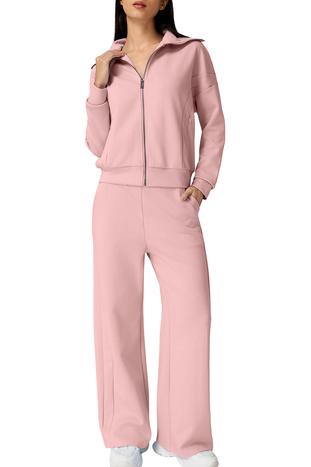 QINSEN Women's Cotton 2 Piece Outfits Lapel Long Sleeve Zip Up Sweatshirt Wide Leg Pants Matching Tracksuit Sets