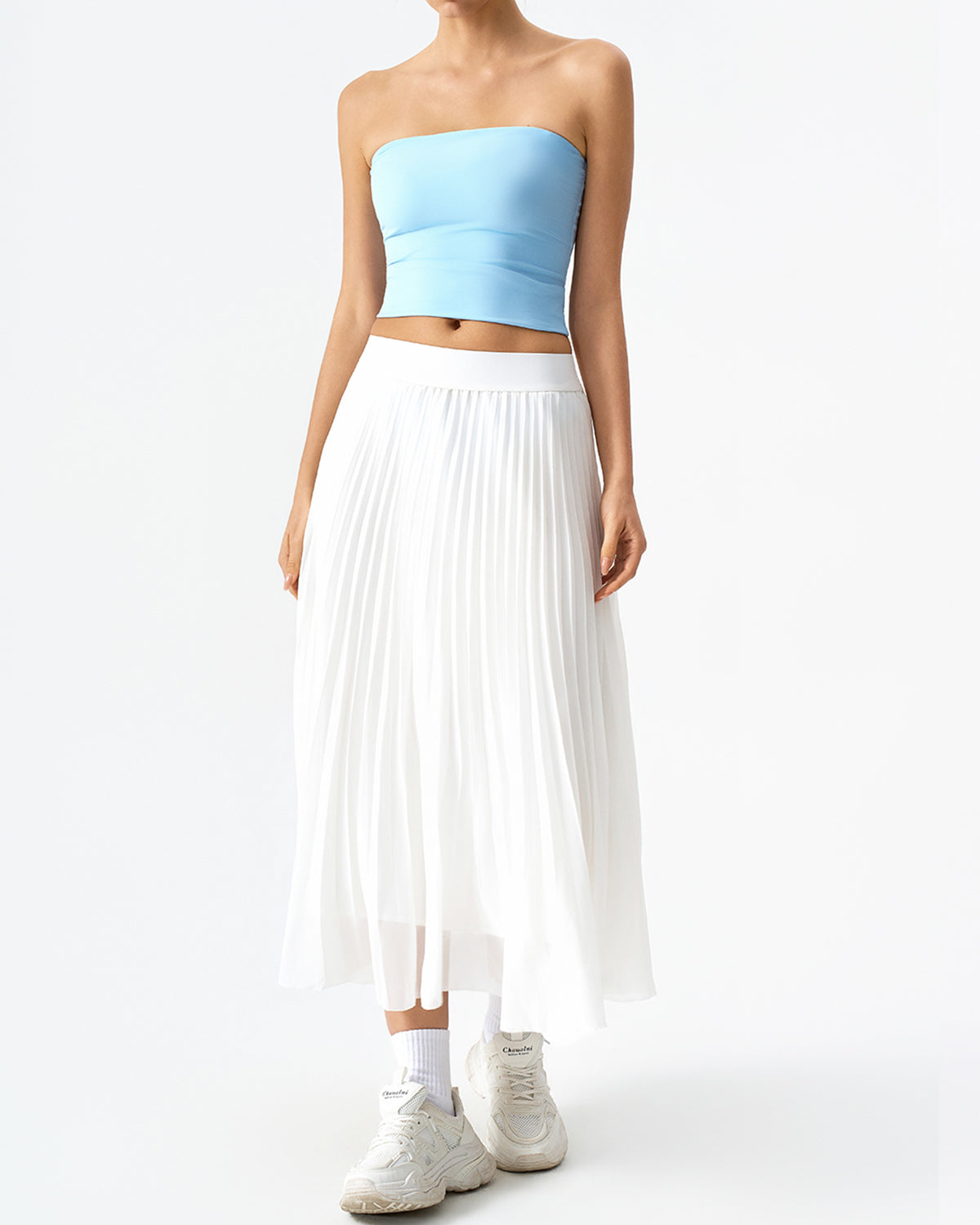 QINSEN Women's Elegant Flowy Pleated Chiffon Skirts A-line Swing Midi Skirts Elastic Waist Soft Linging