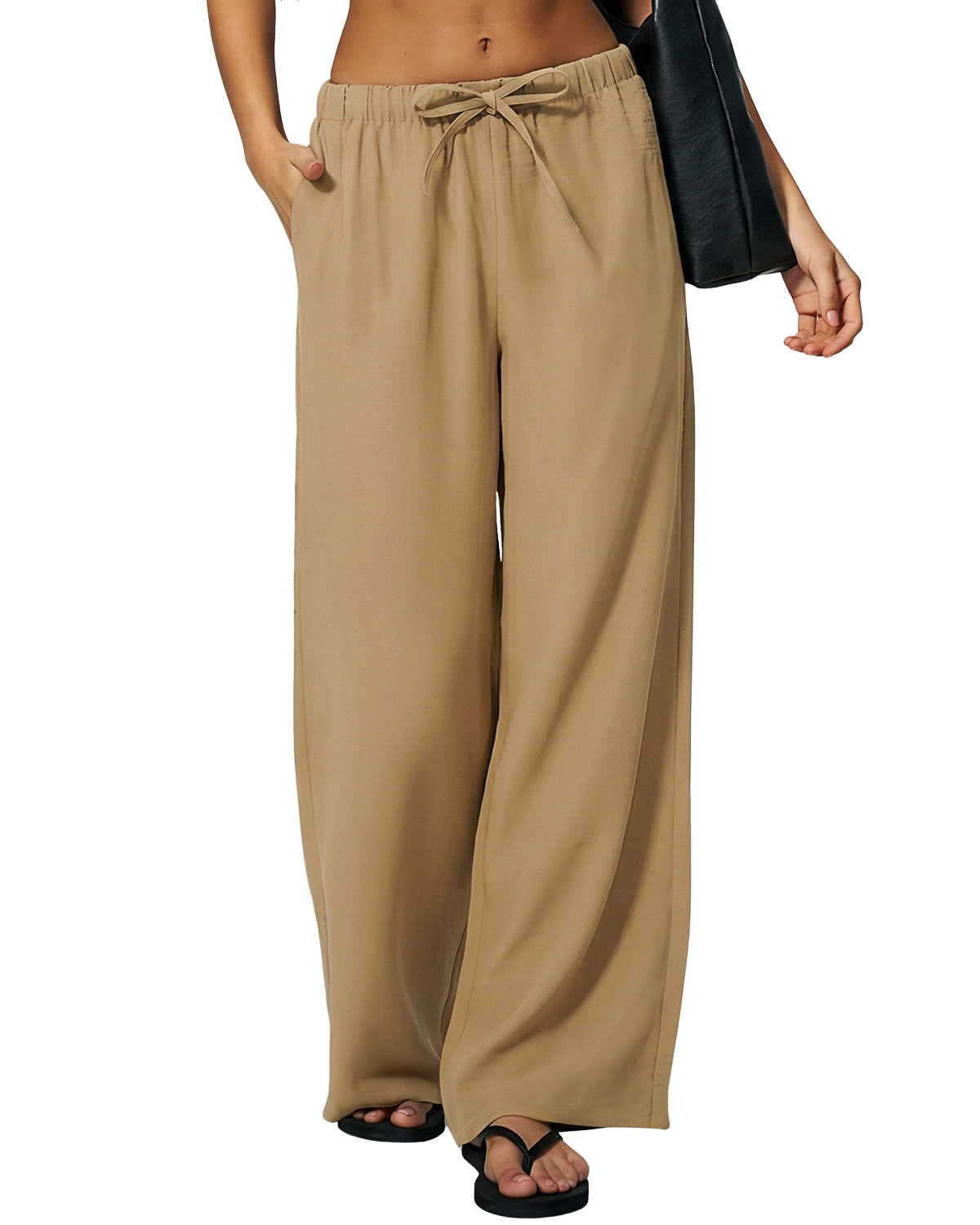 QINSEN Women's Wrinkle-Free Wide Leg Palazzo Pants High Rise Flowy Drape Drawstring Elastic Waist Trousers with Pockets