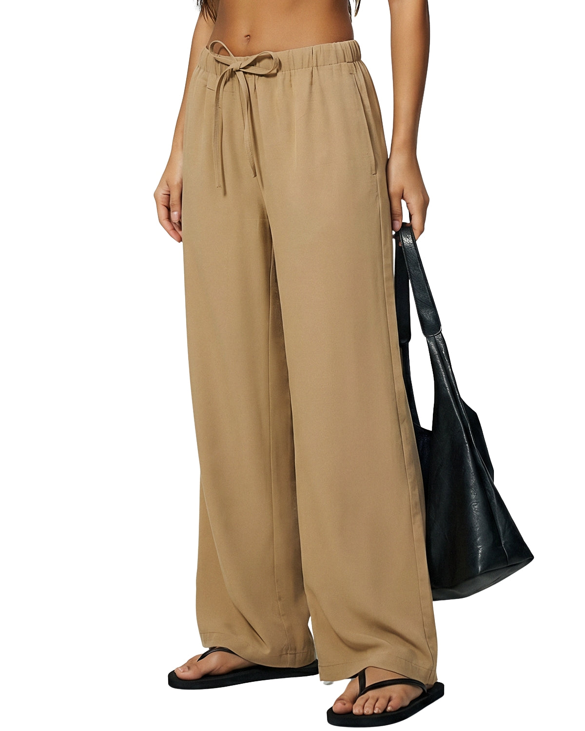 QINSEN Women's Wrinkle-Free Wide Leg Palazzo Pants High Rise Flowy Drape Drawstring Elastic Waist Trousers with Pockets