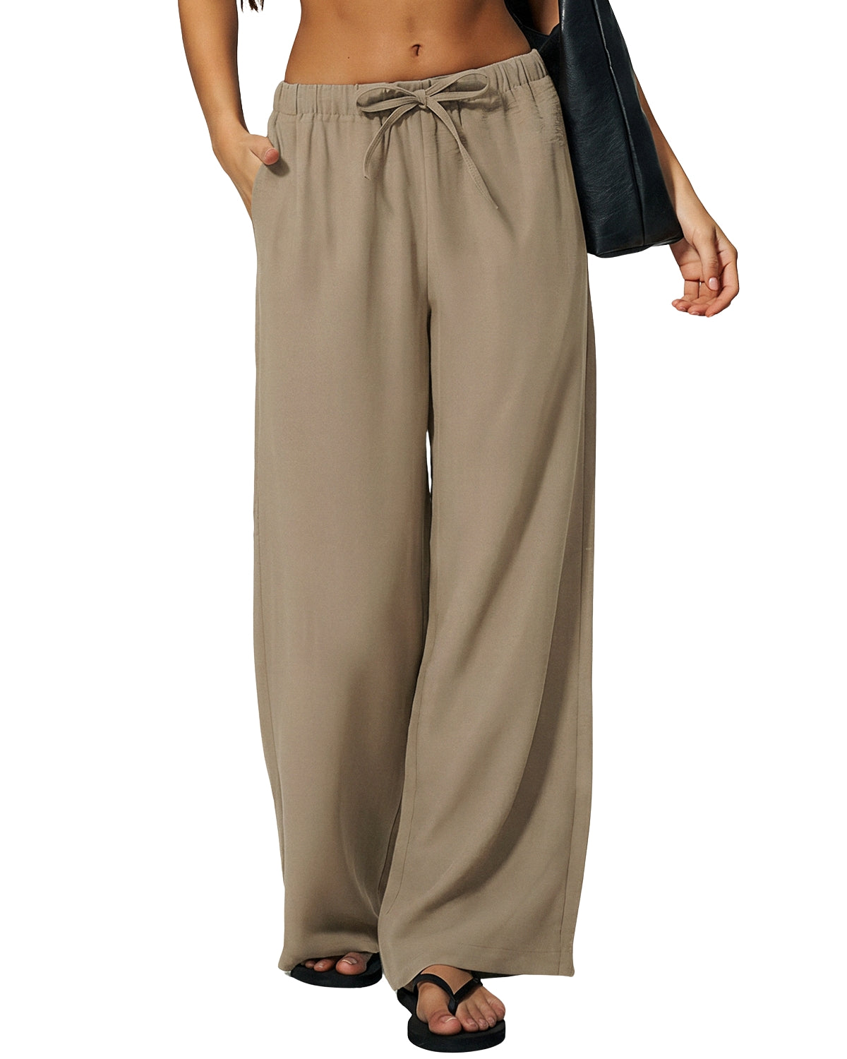 QINSEN Women's Wrinkle-Free Wide Leg Palazzo Pants High Rise Flowy Drape Drawstring Elastic Waist Trousers with Pockets