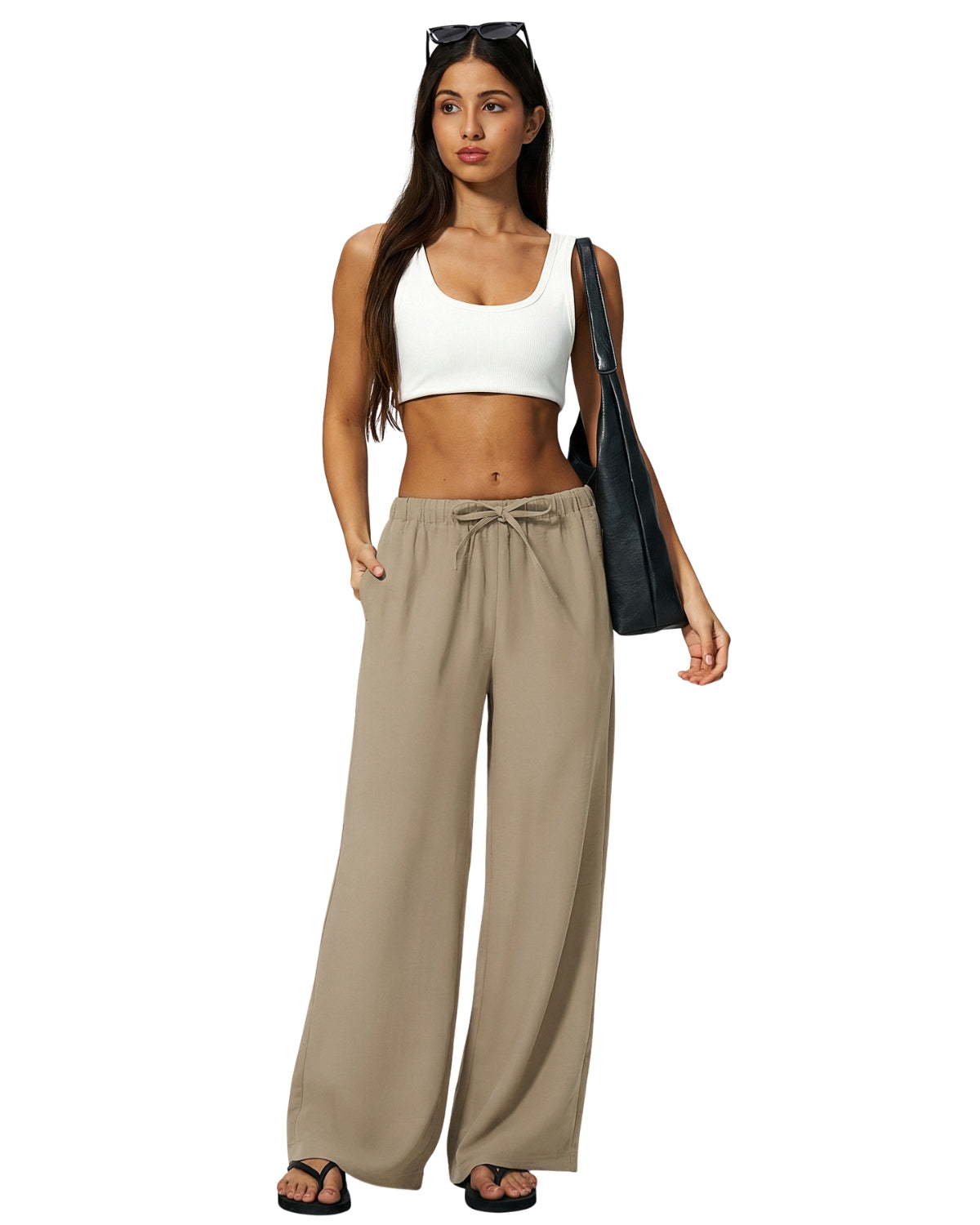 QINSEN Women's Wrinkle-Free Wide Leg Palazzo Pants High Rise Flowy Drape Drawstring Elastic Waist Trousers with Pockets