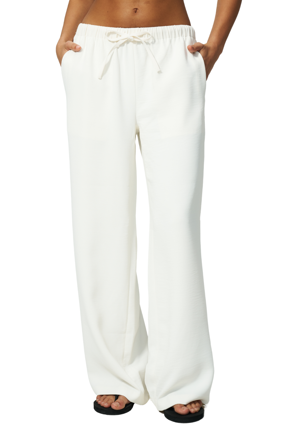 QINSEN Women's Wrinkle-Free Wide Leg Palazzo Pants High Rise Flowy Drape Drawstring Elastic Waist Trousers with Pockets
