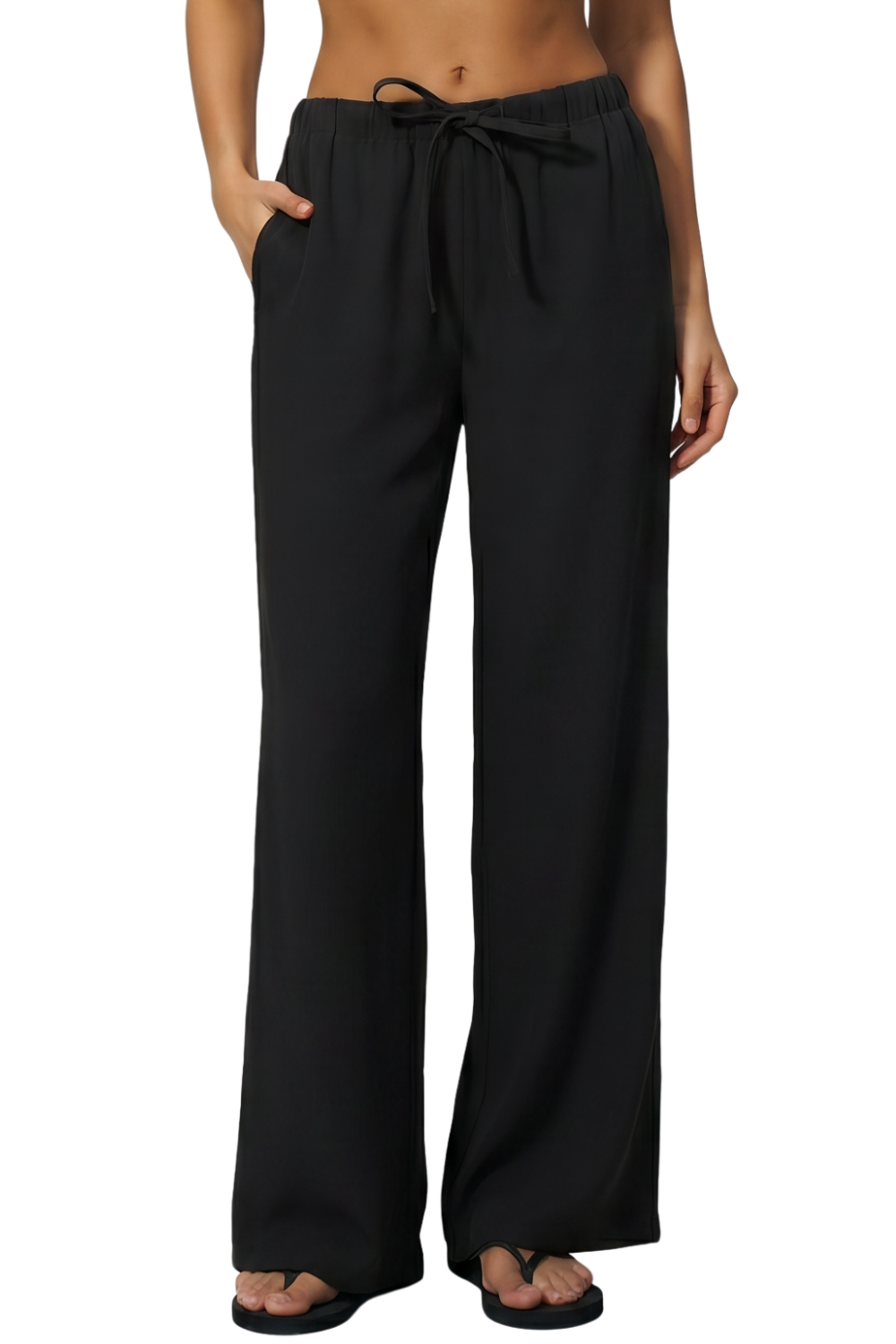 QINSEN Women's Wrinkle-Free Wide Leg Palazzo Pants High Rise Flowy Drape Drawstring Elastic Waist Trousers with Pockets