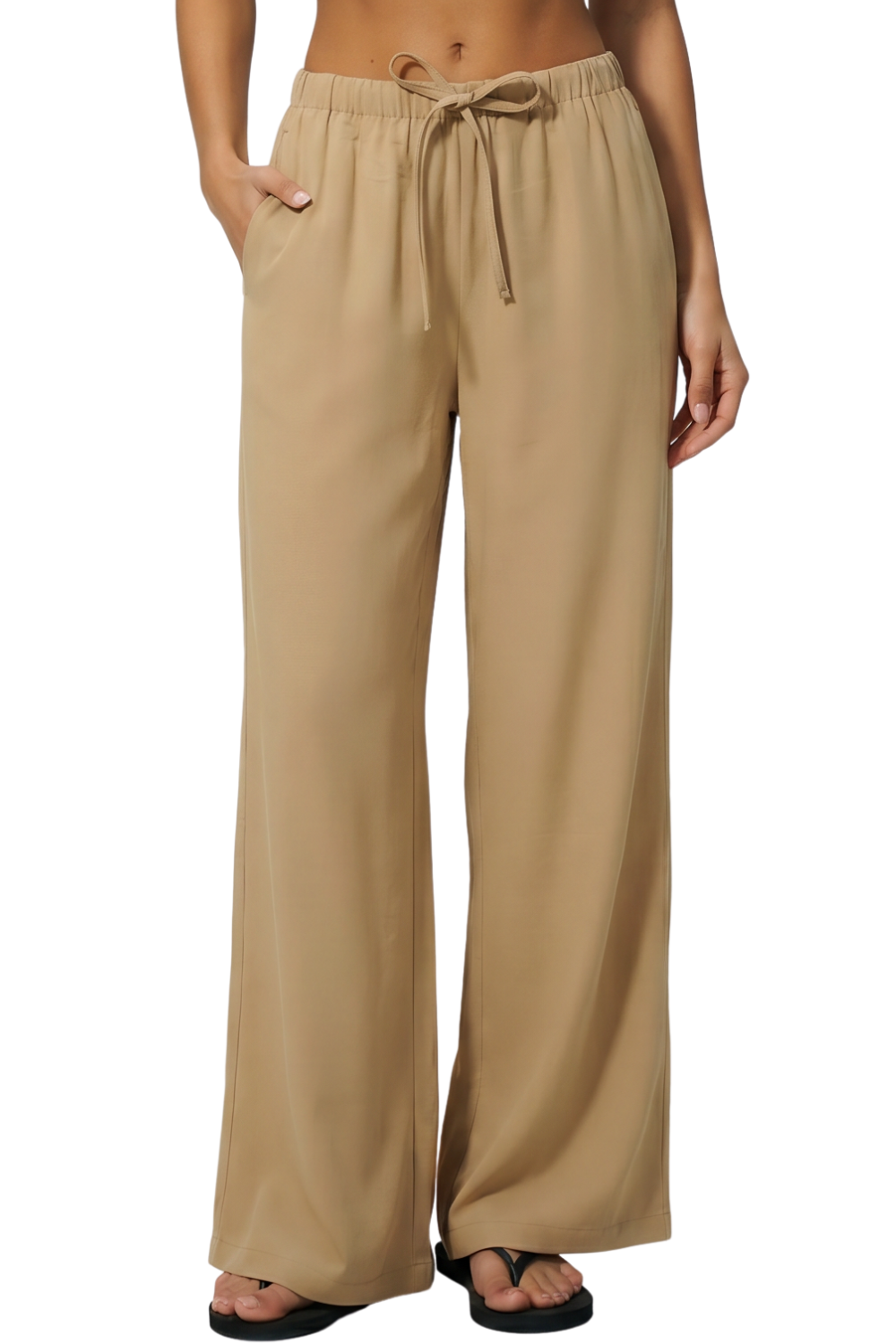 QINSEN Women's Wrinkle-Free Wide Leg Palazzo Pants High Rise Flowy Drape Drawstring Elastic Waist Trousers with Pockets