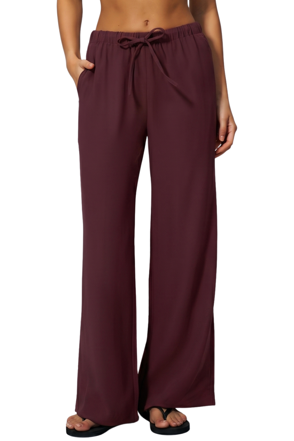 QINSEN Women's Wrinkle-Free Wide Leg Palazzo Pants High Rise Flowy Drape Drawstring Elastic Waist Trousers with Pockets