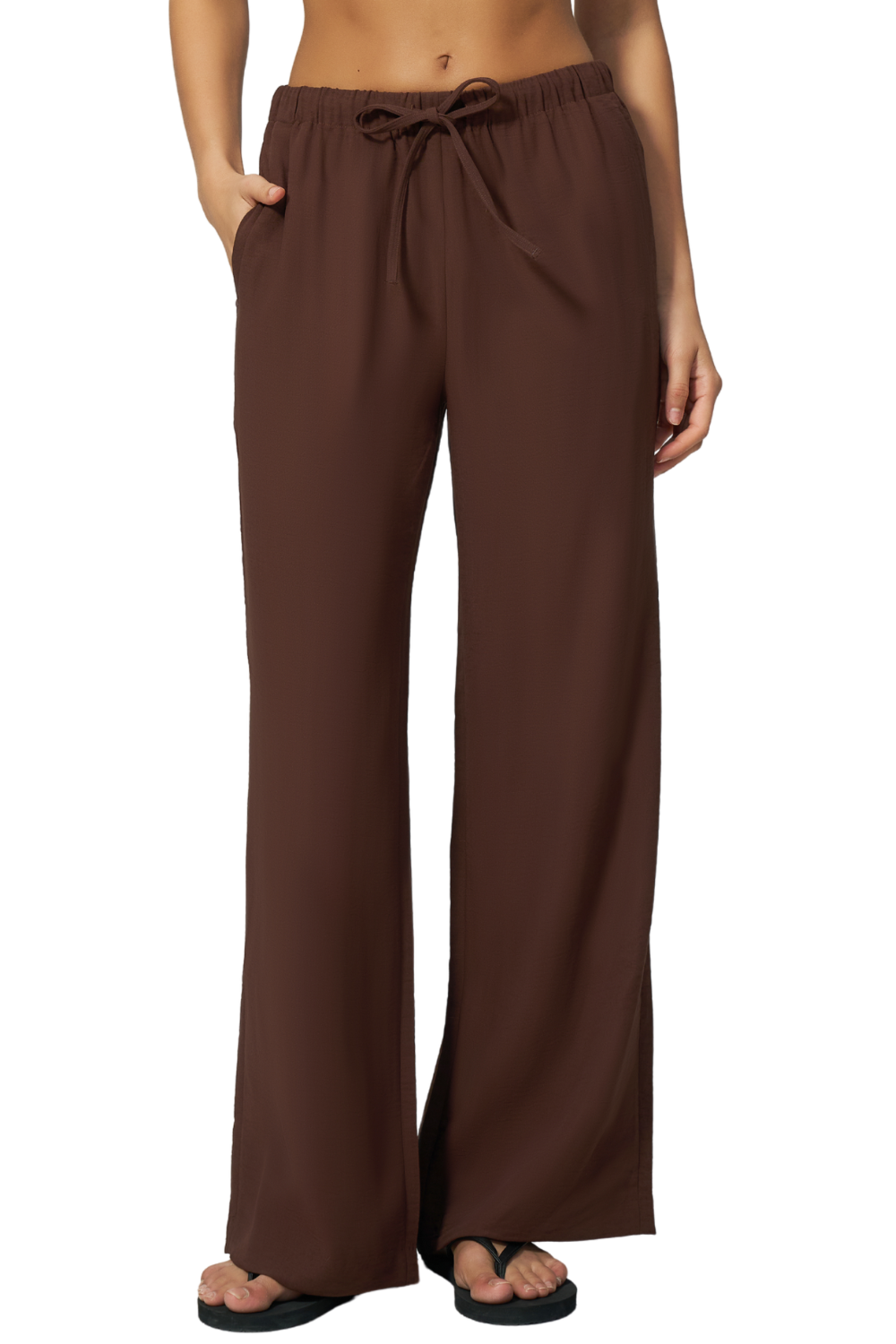 QINSEN Women's Wrinkle-Free Wide Leg Palazzo Pants High Rise Flowy Drape Drawstring Elastic Waist Trousers with Pockets