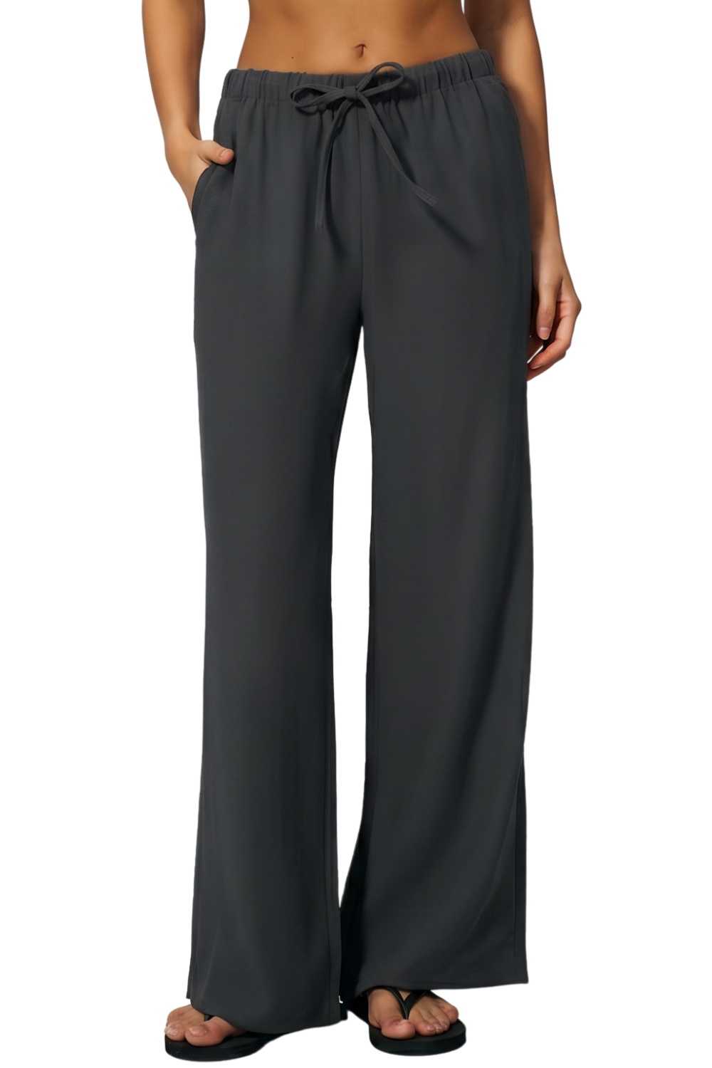 QINSEN Women's Wrinkle-Free Wide Leg Palazzo Pants High Rise Flowy Drape Drawstring Elastic Waist Trousers with Pockets