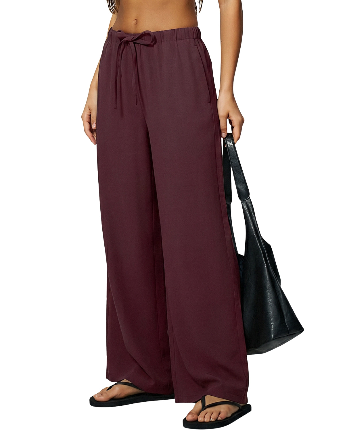 QINSEN Women's Wrinkle-Free Wide Leg Palazzo Pants High Rise Flowy Drape Drawstring Elastic Waist Trousers with Pockets