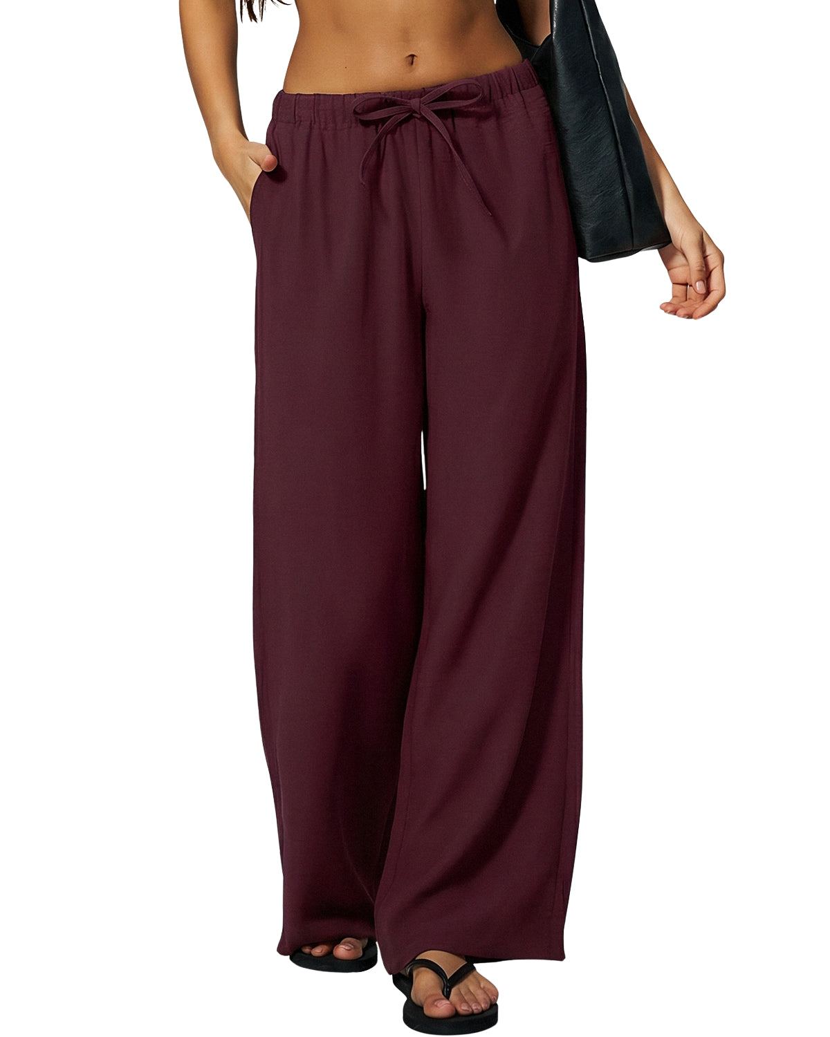QINSEN Women's Wrinkle-Free Wide Leg Palazzo Pants High Rise Flowy Drape Drawstring Elastic Waist Trousers with Pockets