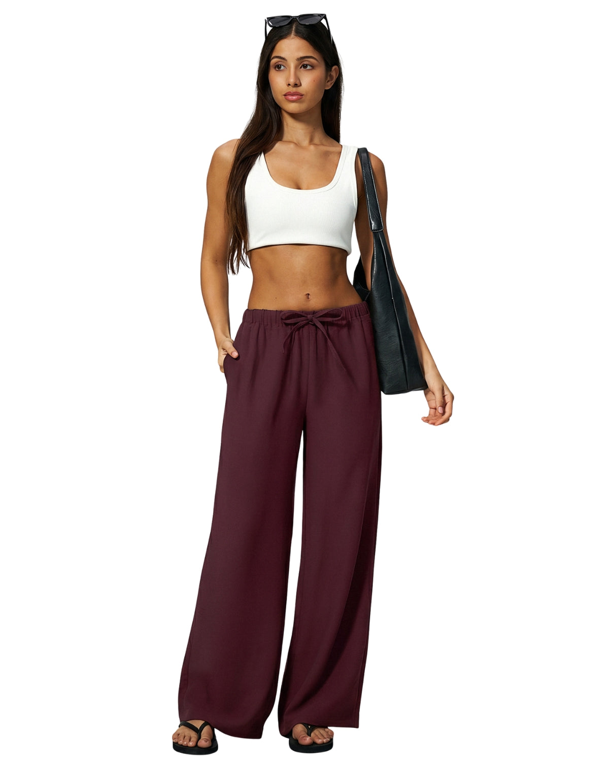 QINSEN Women's Wrinkle-Free Wide Leg Palazzo Pants High Rise Flowy Drape Drawstring Elastic Waist Trousers with Pockets