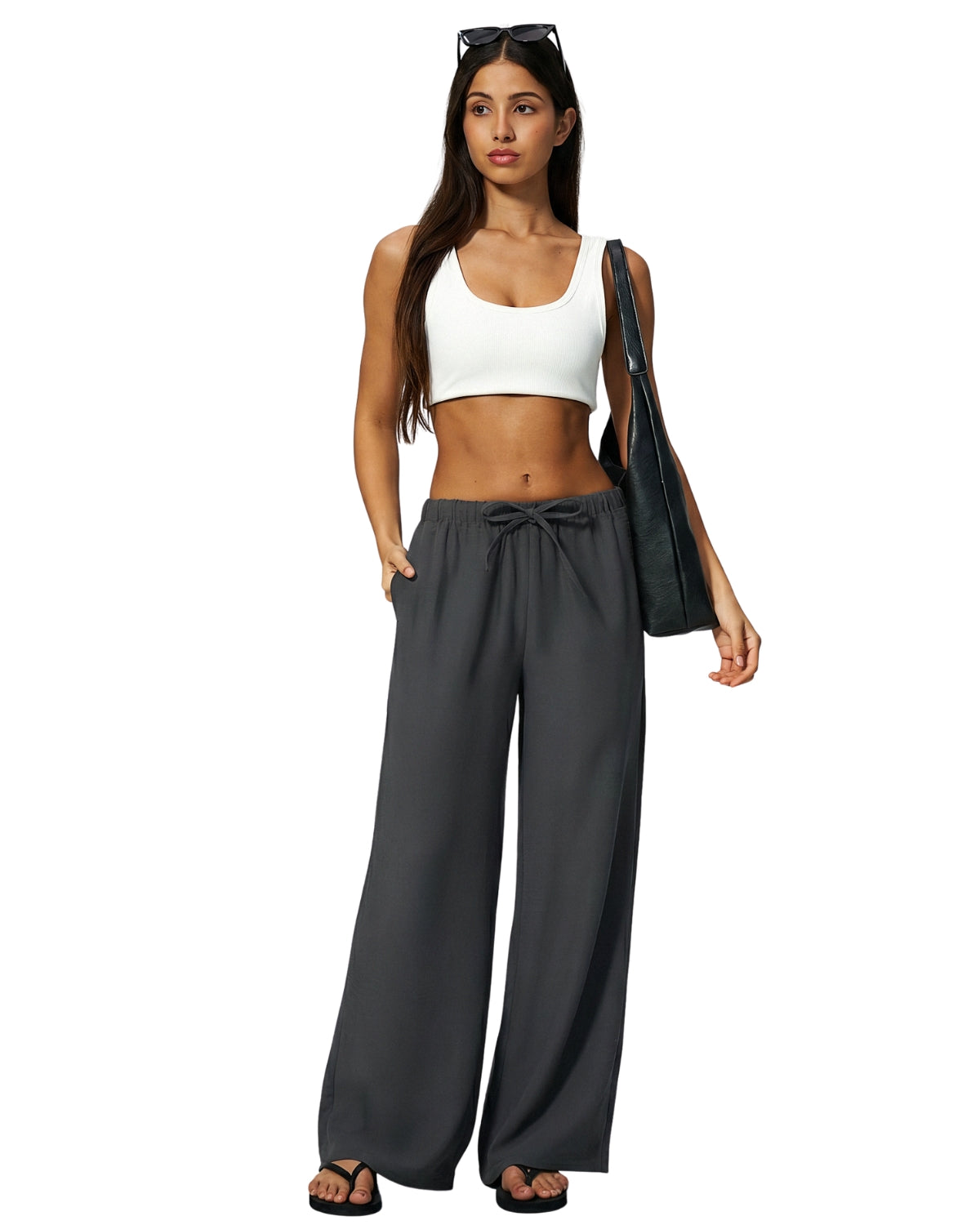 QINSEN Women's Wrinkle-Free Wide Leg Palazzo Pants High Rise Flowy Drape Drawstring Elastic Waist Trousers with Pockets