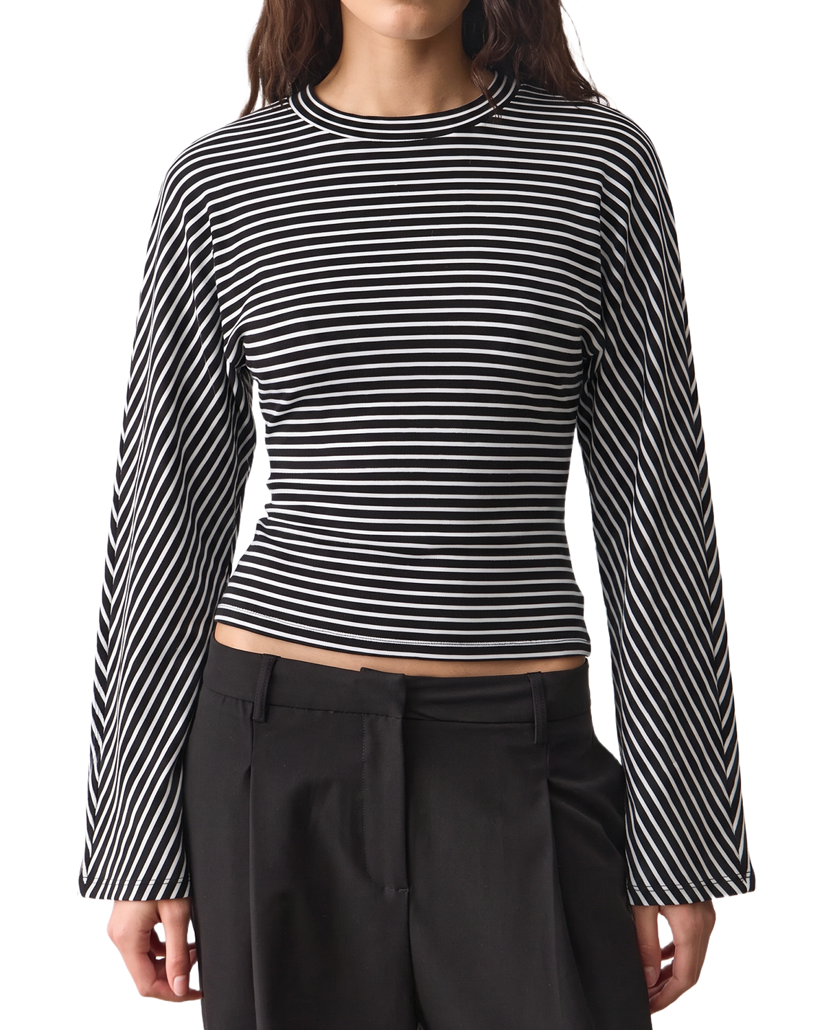 QINSEN Women's Crew Neck Long Sleeve Top Cinched Waist Stretch T Shirts
