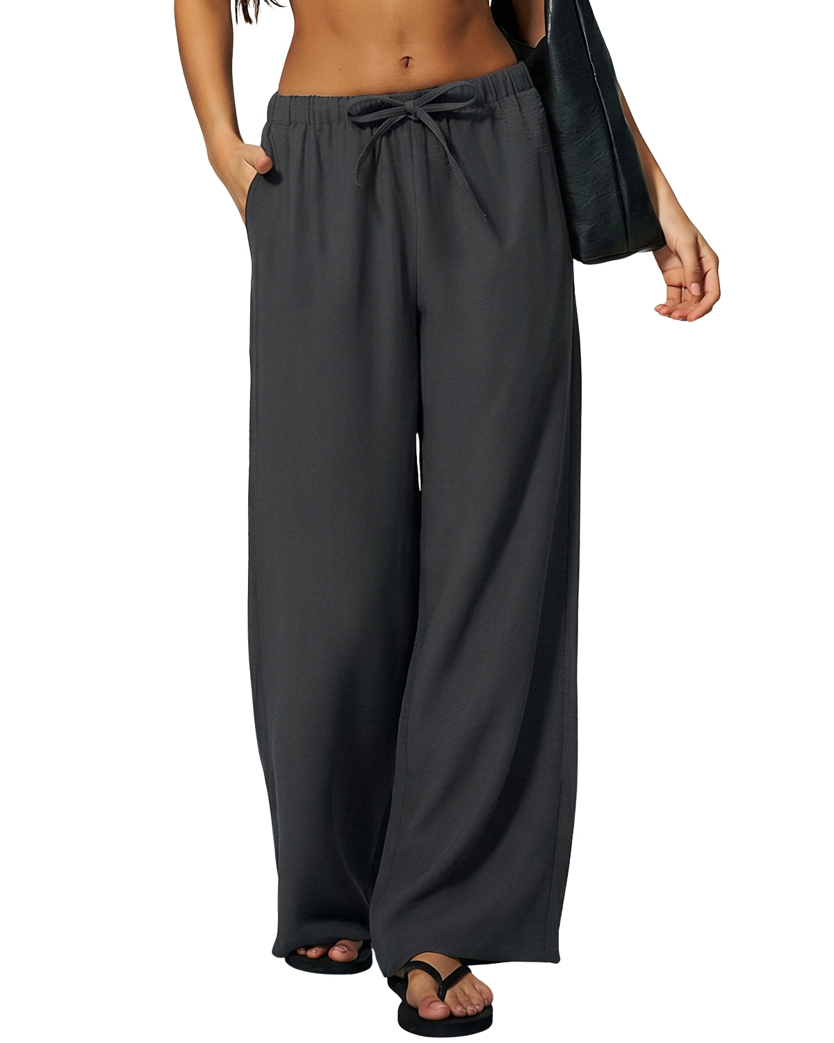 QINSEN Women's Wrinkle-Free Wide Leg Palazzo Pants High Rise Flowy Drape Drawstring Elastic Waist Trousers with Pockets
