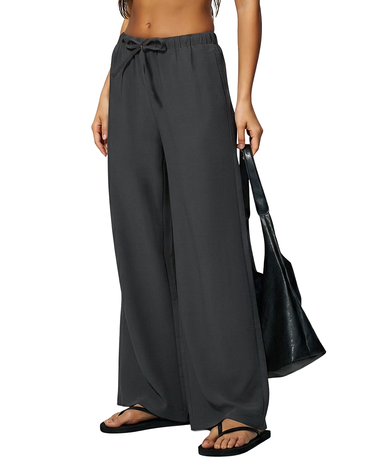 QINSEN Women's Wrinkle-Free Wide Leg Palazzo Pants High Rise Flowy Drape Drawstring Elastic Waist Trousers with Pockets