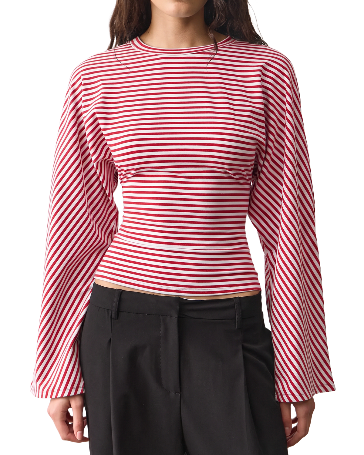 QINSEN Women's Crew Neck Long Sleeve Top Cinched Waist Stretch T Shirts