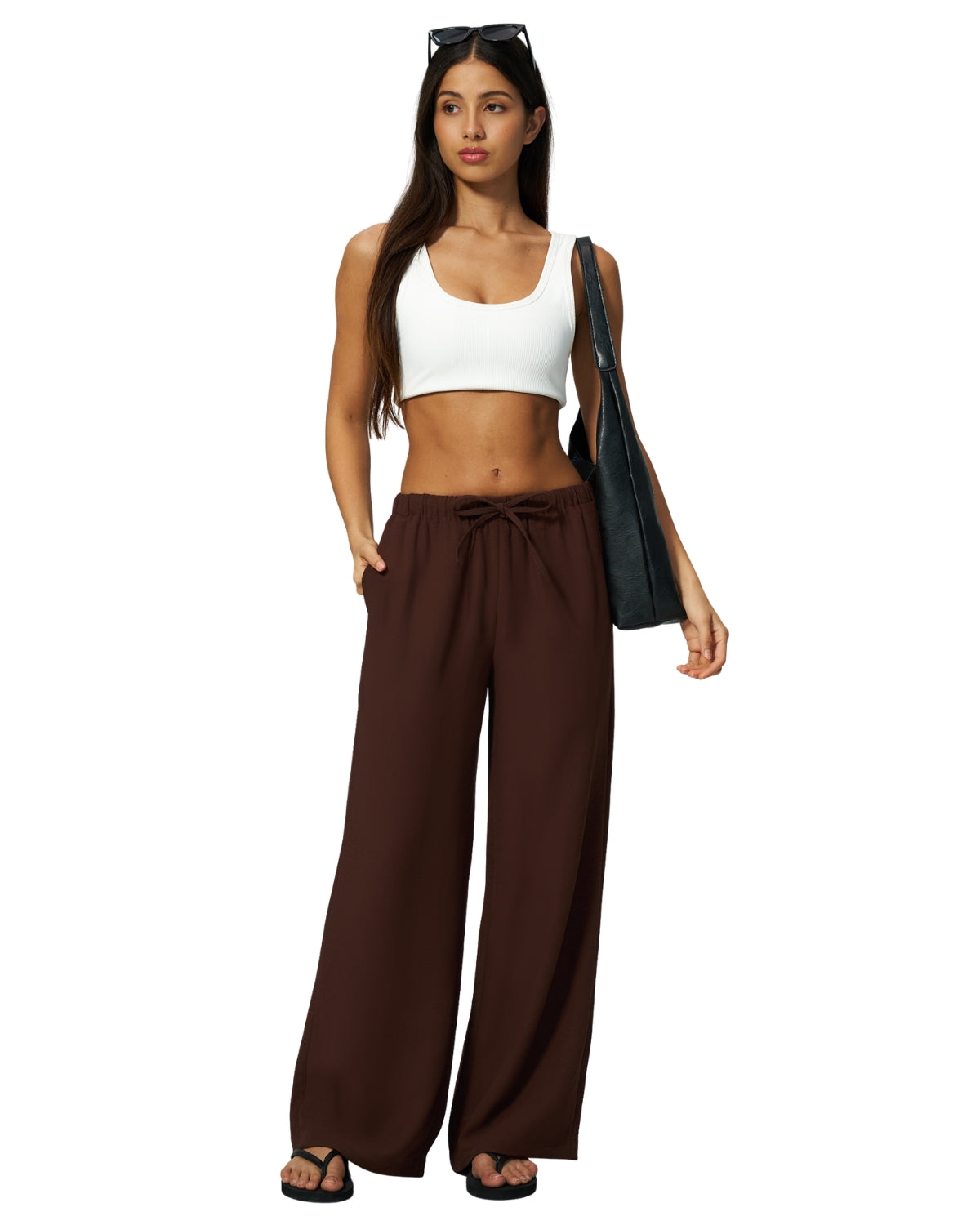QINSEN Women's Wrinkle-Free Wide Leg Palazzo Pants High Rise Flowy Drape Drawstring Elastic Waist Trousers with Pockets