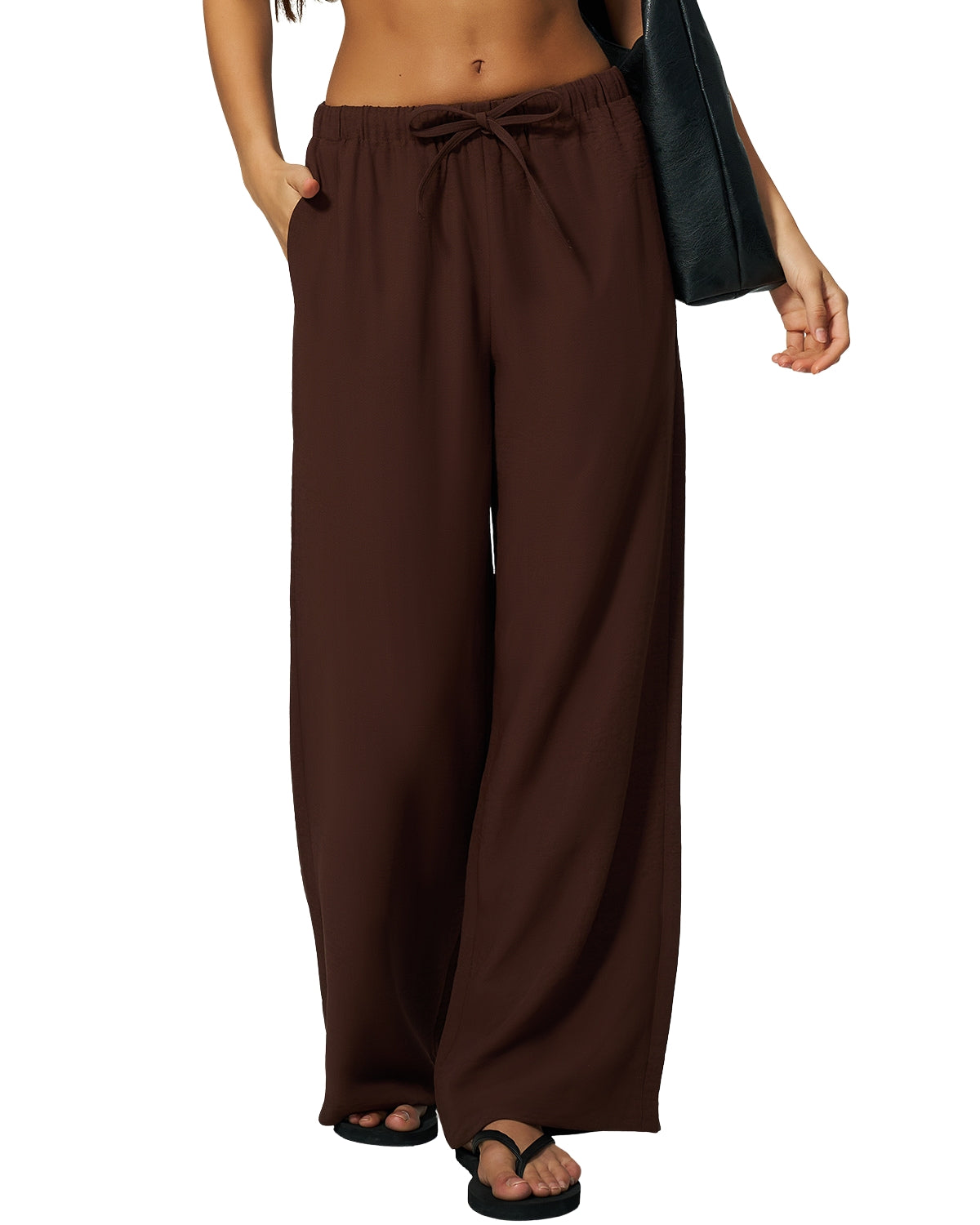 QINSEN Women's Wrinkle-Free Wide Leg Palazzo Pants High Rise Flowy Drape Drawstring Elastic Waist Trousers with Pockets