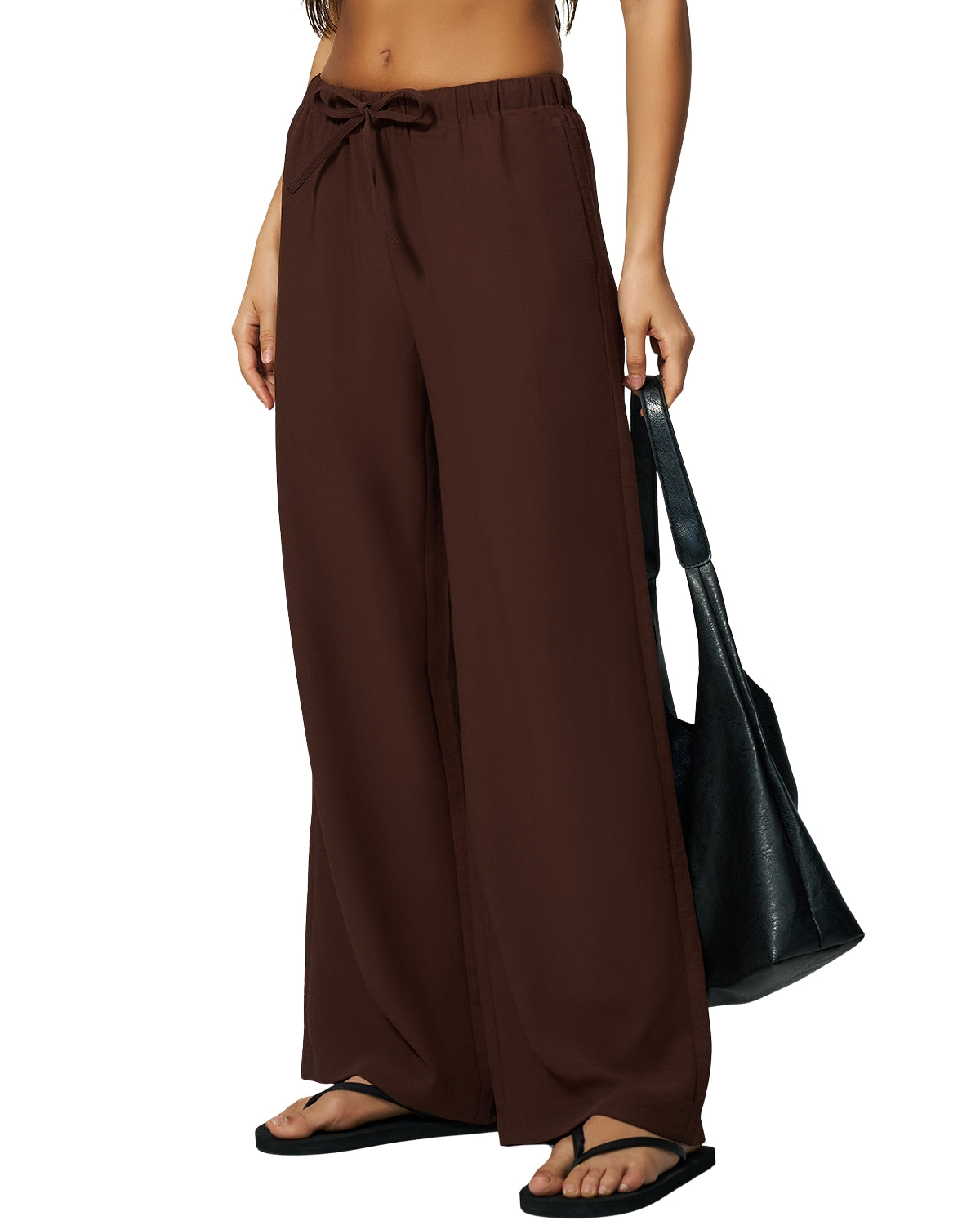 QINSEN Women's Wrinkle-Free Wide Leg Palazzo Pants High Rise Flowy Drape Drawstring Elastic Waist Trousers with Pockets