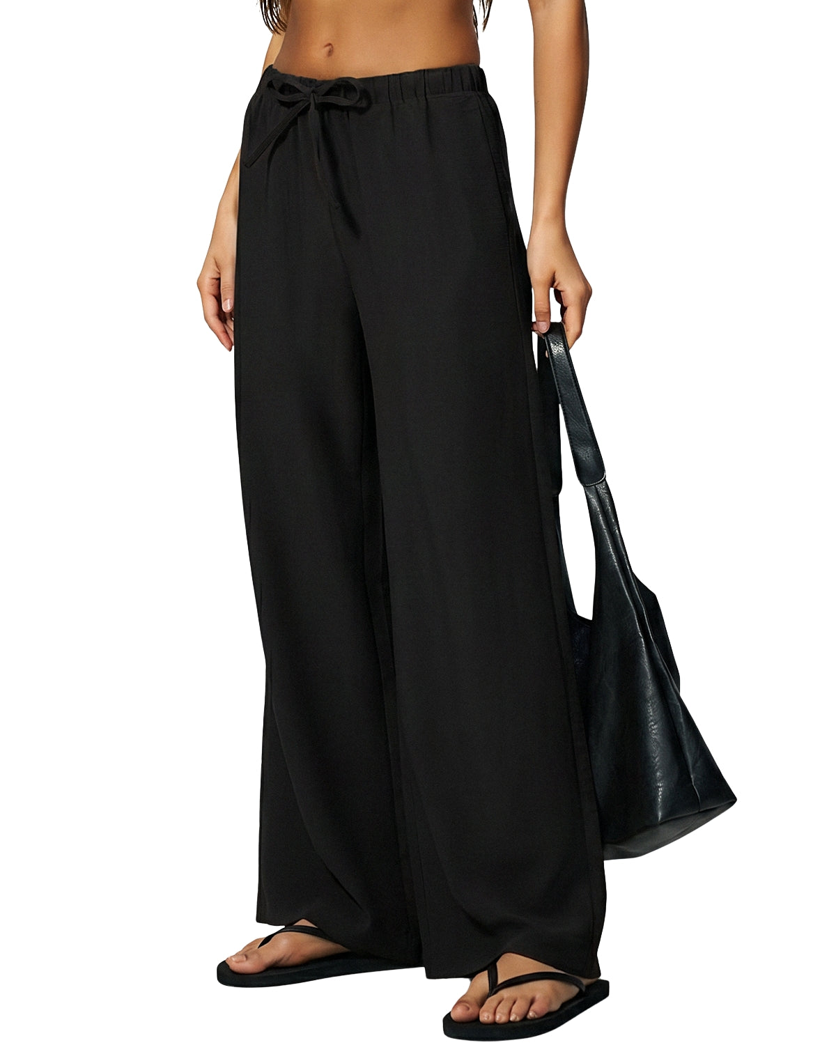 QINSEN Women's Wrinkle-Free Wide Leg Palazzo Pants High Rise Flowy Drape Drawstring Elastic Waist Trousers with Pockets