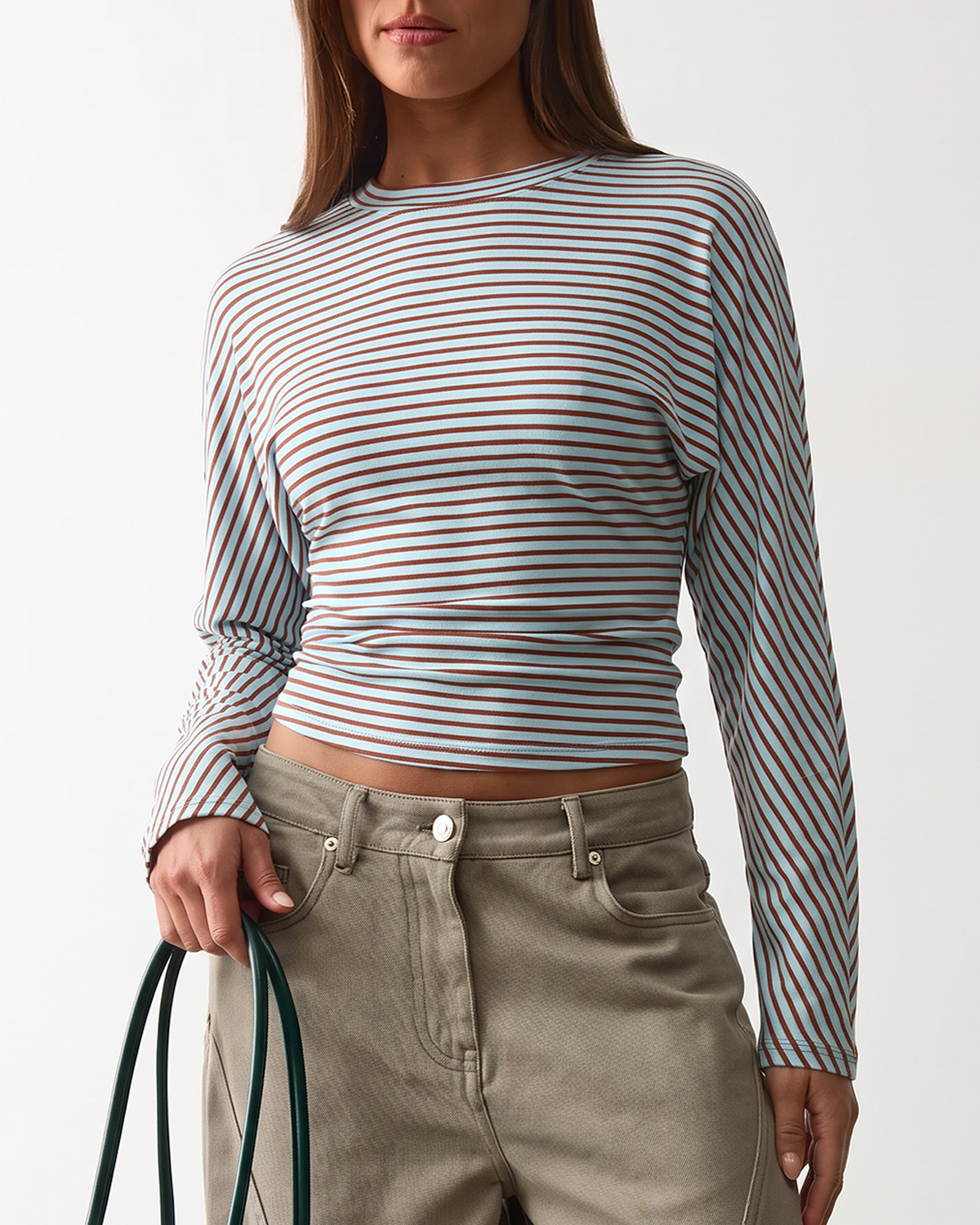 QINSEN Women's Crew Neck Long Sleeve Top Cinched Waist Stretch T Shirts