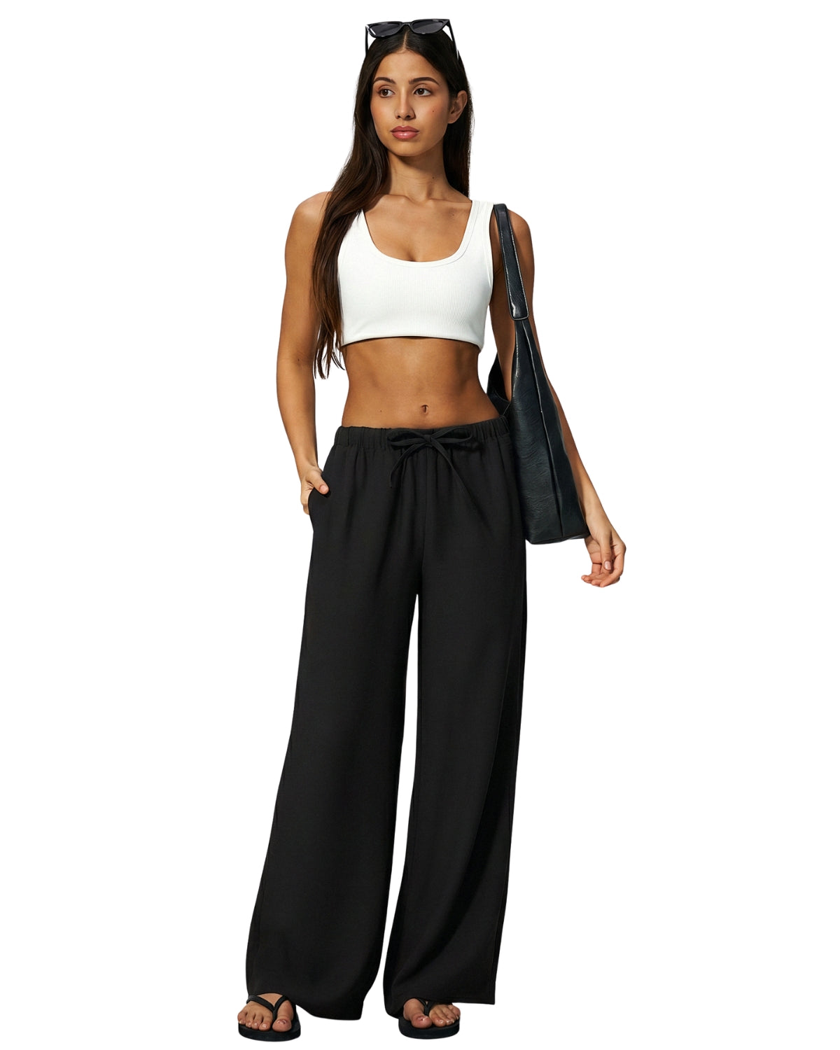 QINSEN Women's Wrinkle-Free Wide Leg Palazzo Pants High Rise Flowy Drape Drawstring Elastic Waist Trousers with Pockets