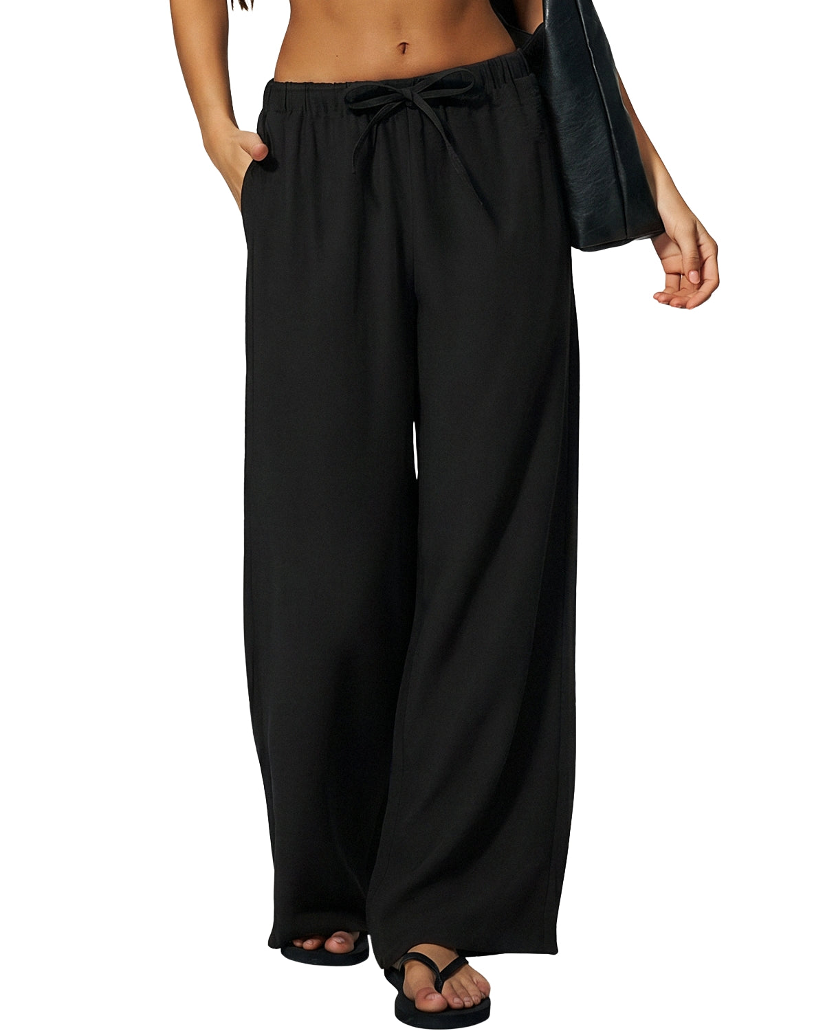 QINSEN Women's Wrinkle-Free Wide Leg Palazzo Pants High Rise Flowy Drape Drawstring Elastic Waist Trousers with Pockets