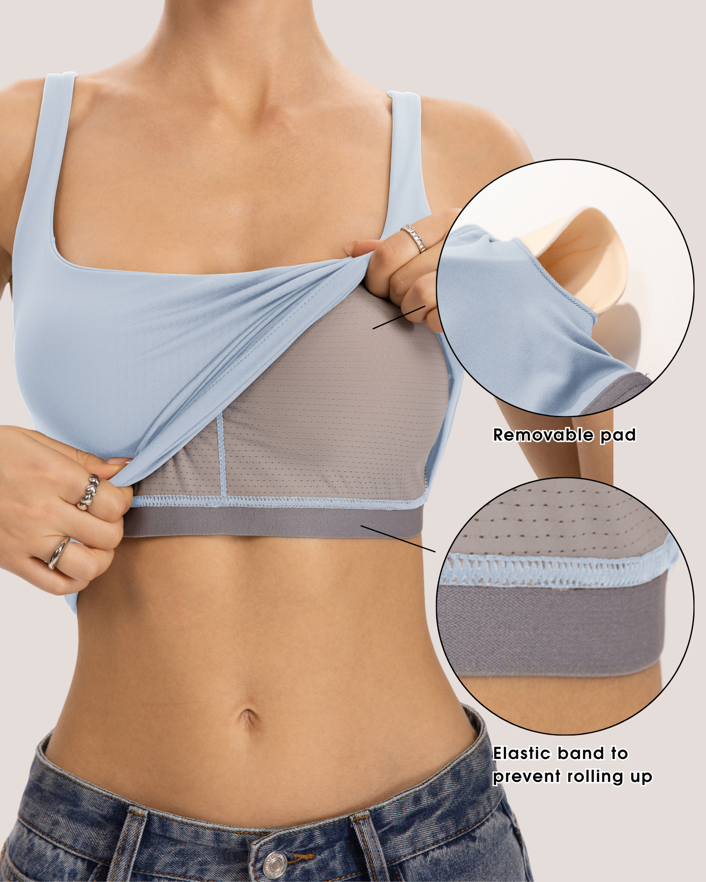 QINSEN Womens Tank Tops with Built in Bras Square Neck Double Lined Basic Sleeveless Workout Tops