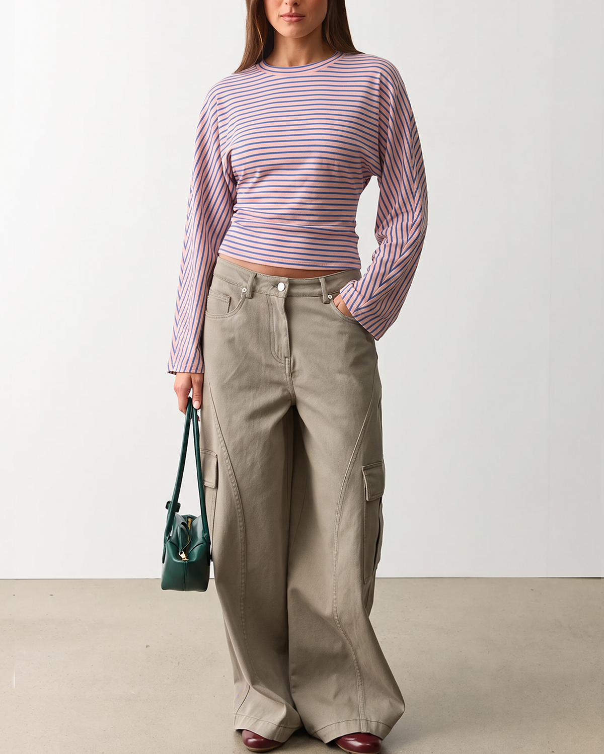 QINSEN Women's Crew Neck Long Sleeve Top Cinched Waist Stretch T Shirts