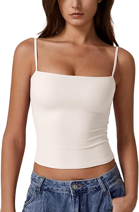 QINSEN Women's Double Lined Basic Tank Top Adjustable Spaghetti Straps Sleeveless Camisole Shirts