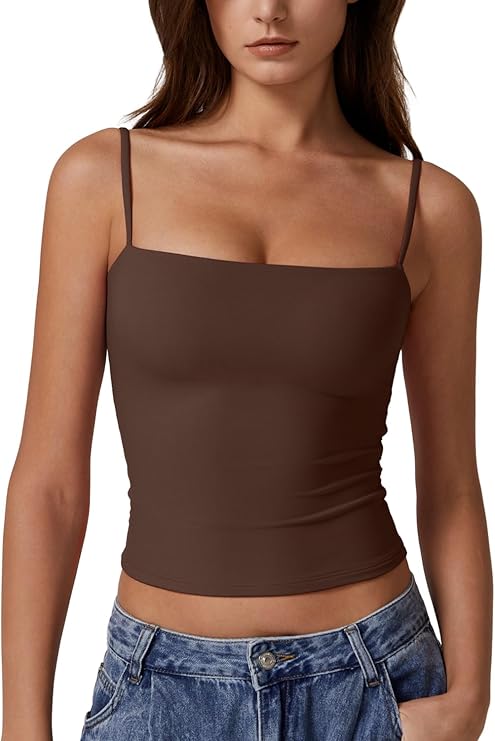 QINSEN Women's Double Lined Basic Tank Top Adjustable Spaghetti Straps Sleeveless Camisole Shirts