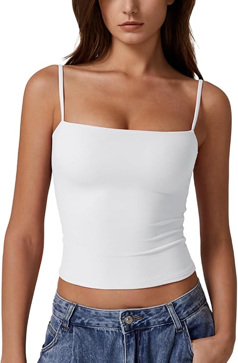 QINSEN Women's Double Lined Basic Tank Top Adjustable Spaghetti Straps Sleeveless Camisole Shirts