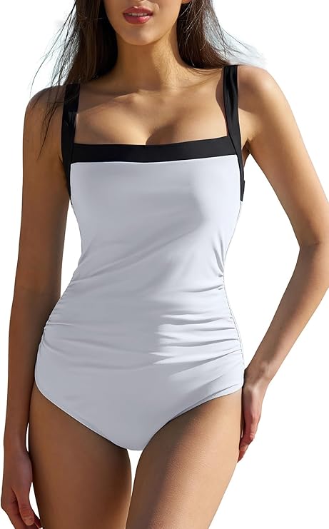 QINSEN Women's Square Neck One Piece Swimsuit Side Ruched Tummy Control Adjustable Straps Bathing Suit