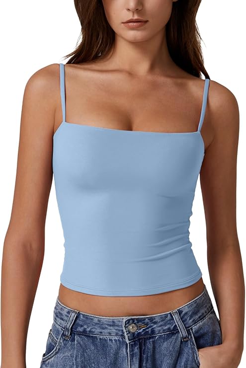 QINSEN Women's Double Lined Basic Tank Top Adjustable Spaghetti Straps Sleeveless Camisole Shirts