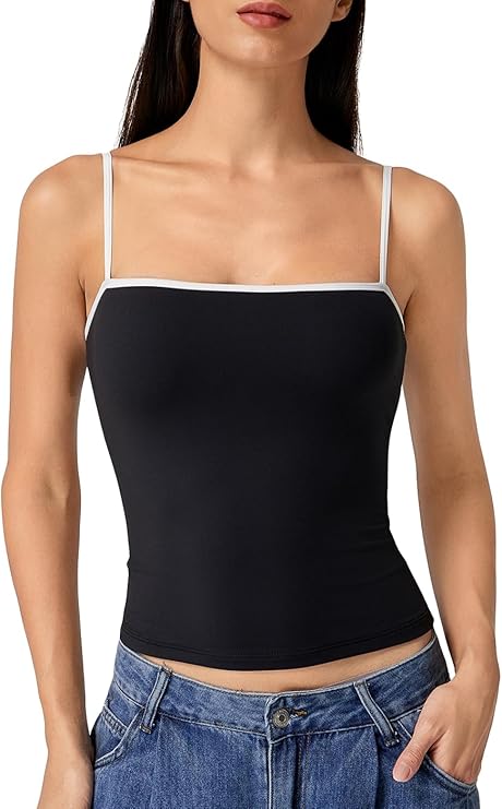 QINSEN Women's Double Lined Basic Tank Top Adjustable Spaghetti Straps Sleeveless Camisole Shirts