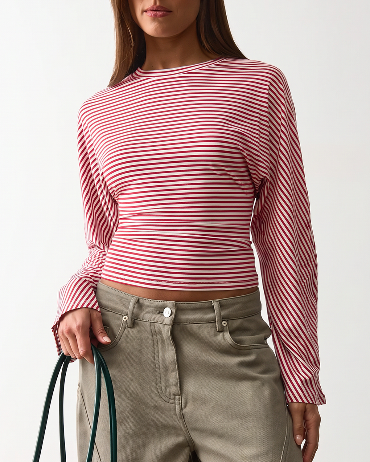 QINSEN Women's Crew Neck Long Sleeve Top Cinched Waist Stretch T Shirts