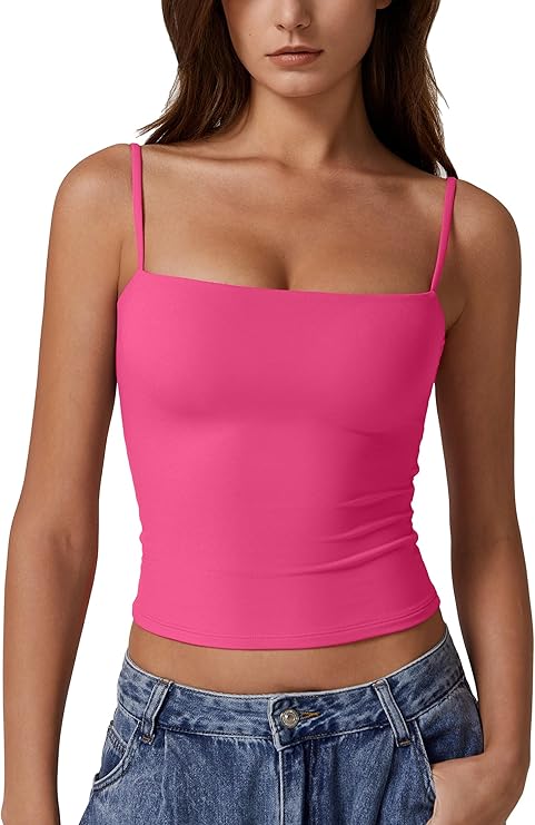 QINSEN Women's Double Lined Basic Tank Top Adjustable Spaghetti Straps Sleeveless Camisole Shirts
