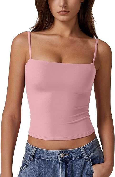 QINSEN Women's Double Lined Basic Tank Top Adjustable Spaghetti Straps Sleeveless Camisole Shirts