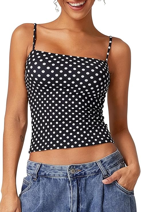 QINSEN Women's Double Lined Basic Tank Top Adjustable Spaghetti Straps Sleeveless Camisole Shirts