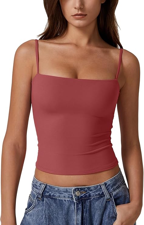 QINSEN Women's Double Lined Basic Tank Top Adjustable Spaghetti Straps Sleeveless Camisole Shirts