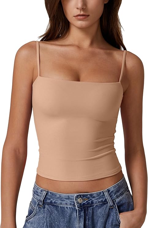QINSEN Women's Double Lined Basic Tank Top Adjustable Spaghetti Straps Sleeveless Camisole Shirts