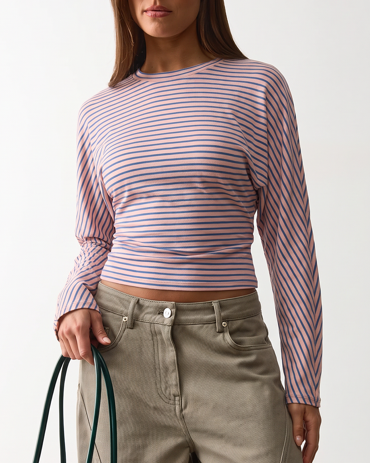QINSEN Women's Crew Neck Long Sleeve Top Cinched Waist Stretch T Shirts