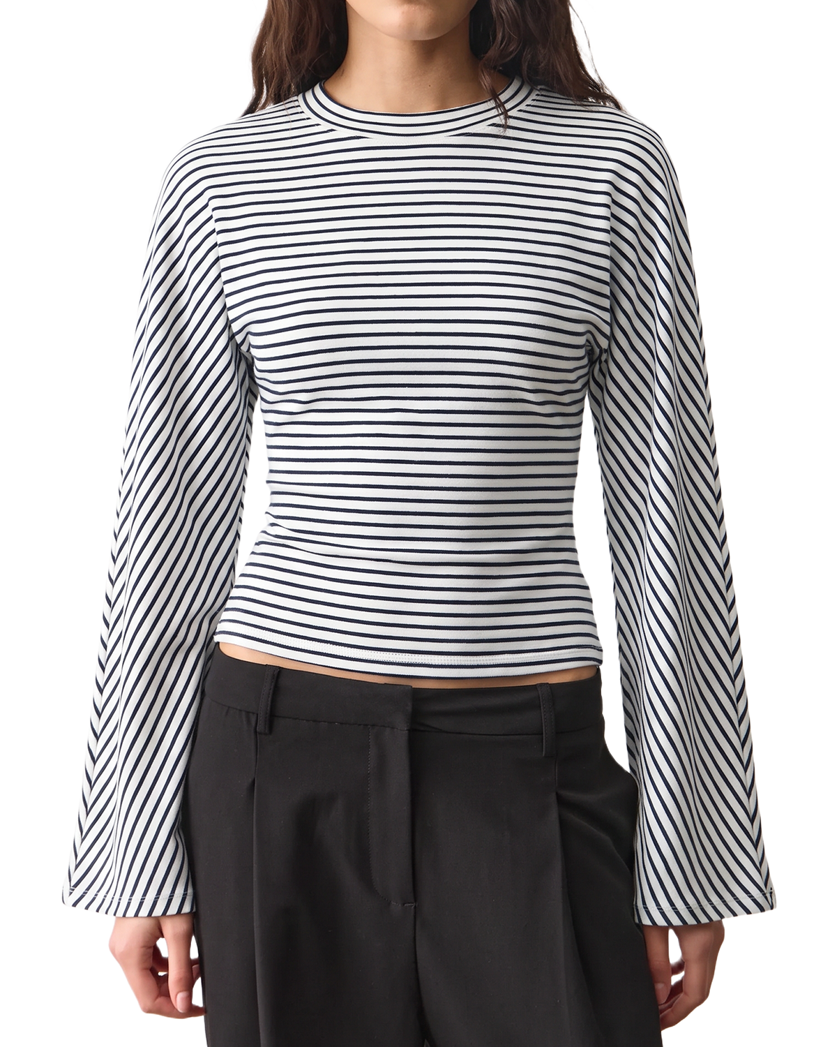 QINSEN Women's Crew Neck Long Sleeve Top Cinched Waist Stretch T Shirts