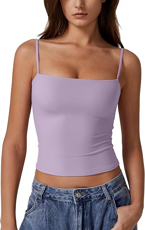 QINSEN Women's Double Lined Basic Tank Top Adjustable Spaghetti Straps Sleeveless Camisole Shirts