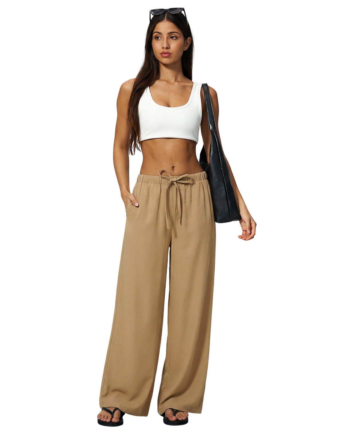 QINSEN Women's Wrinkle-Free Wide Leg Palazzo Pants High Rise Flowy Drape Drawstring Elastic Waist Trousers with Pockets