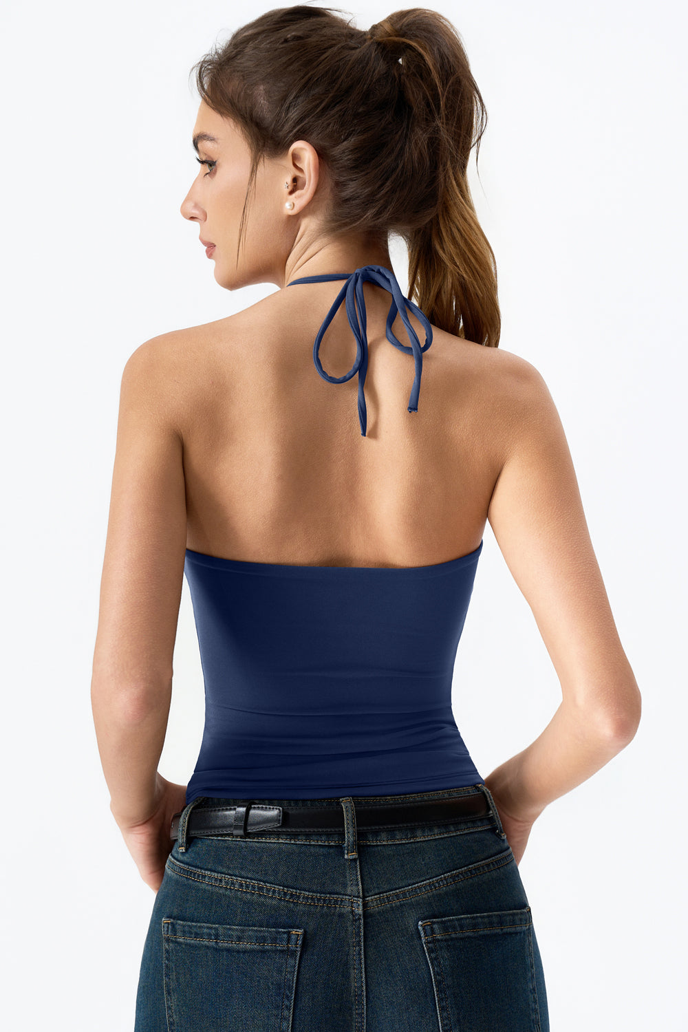 QINSEN Self Tie Halter Neck Basic Shirts for Womens Double Lined Slimming Fit Going Out Sleeveless Tops