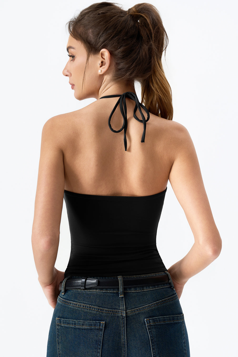 QINSEN Self Tie Halter Neck Basic Shirts for Womens Double Lined Slimming Fit Going Out Sleeveless Tops