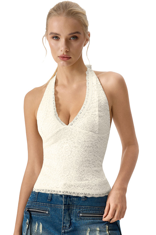 QINSEN Women's Lace Halter Top V Neck Tie Back Double-Layer Tank Top Backless Sleeveless Slim Fit Going Out Shirts