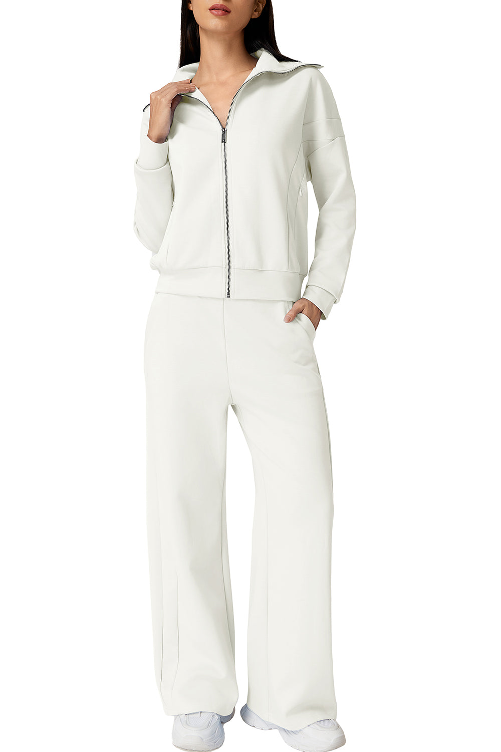 QINSEN Women's Cotton 2 Piece Outfits Lapel Long Sleeve Zip Up Sweatshirt Wide Leg Pants Matching Tracksuit Sets